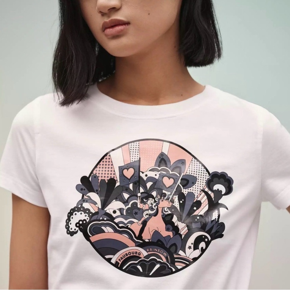 HERMÉS Faubourg Rainbow Tee FR 42 S/M 19” p2p White $595 Retail
